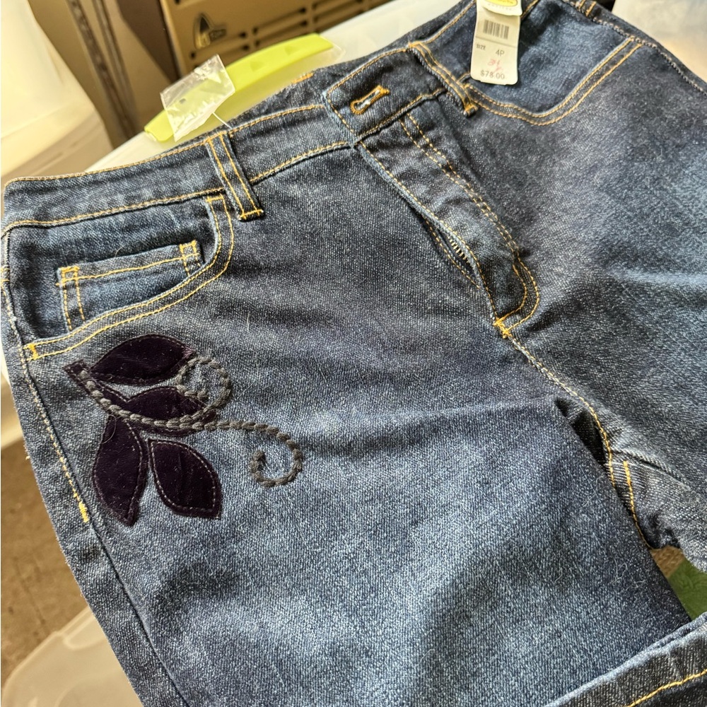 Talbots Blue Denim Jeans with Purple Leaf Embroidery